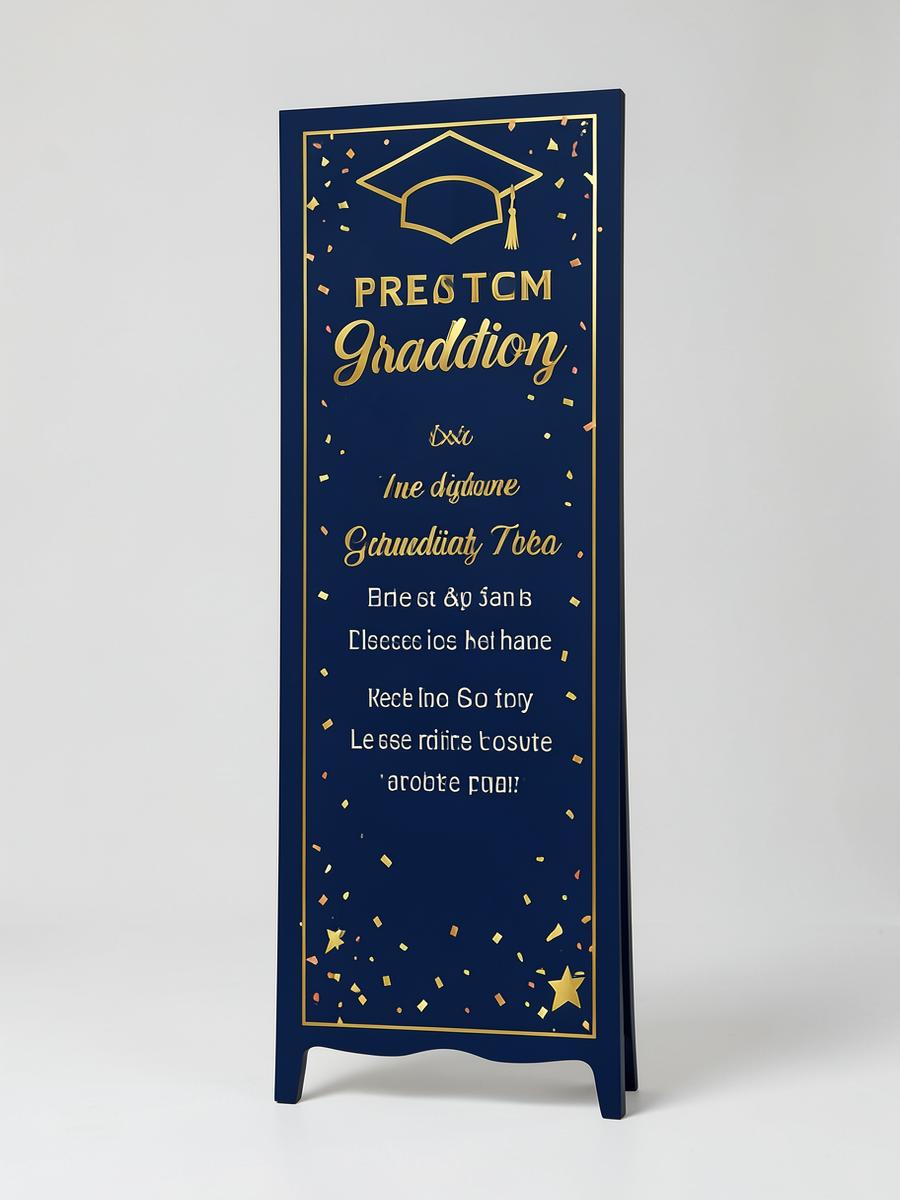 Navy and gold graduation party display with cap and confetti