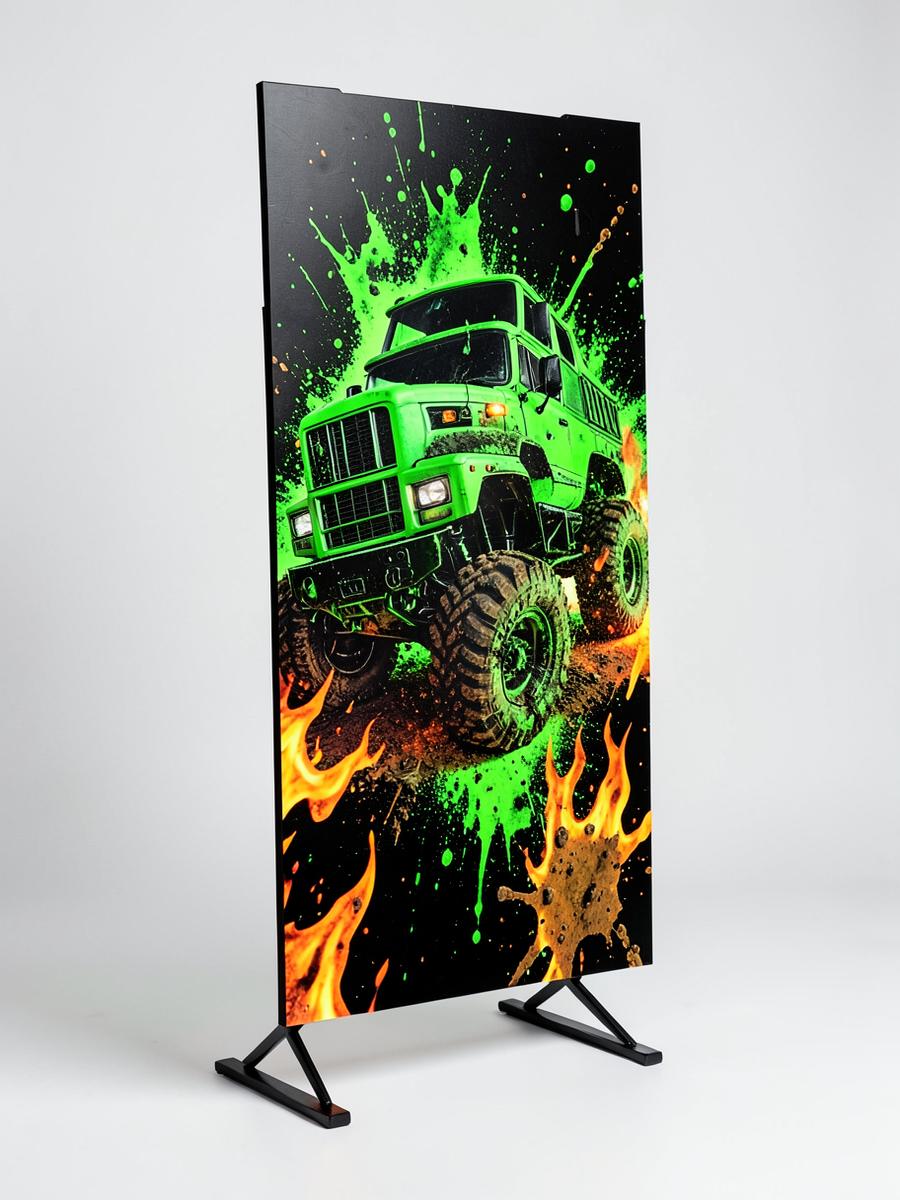 Neon green and black monster truck party display standing upright