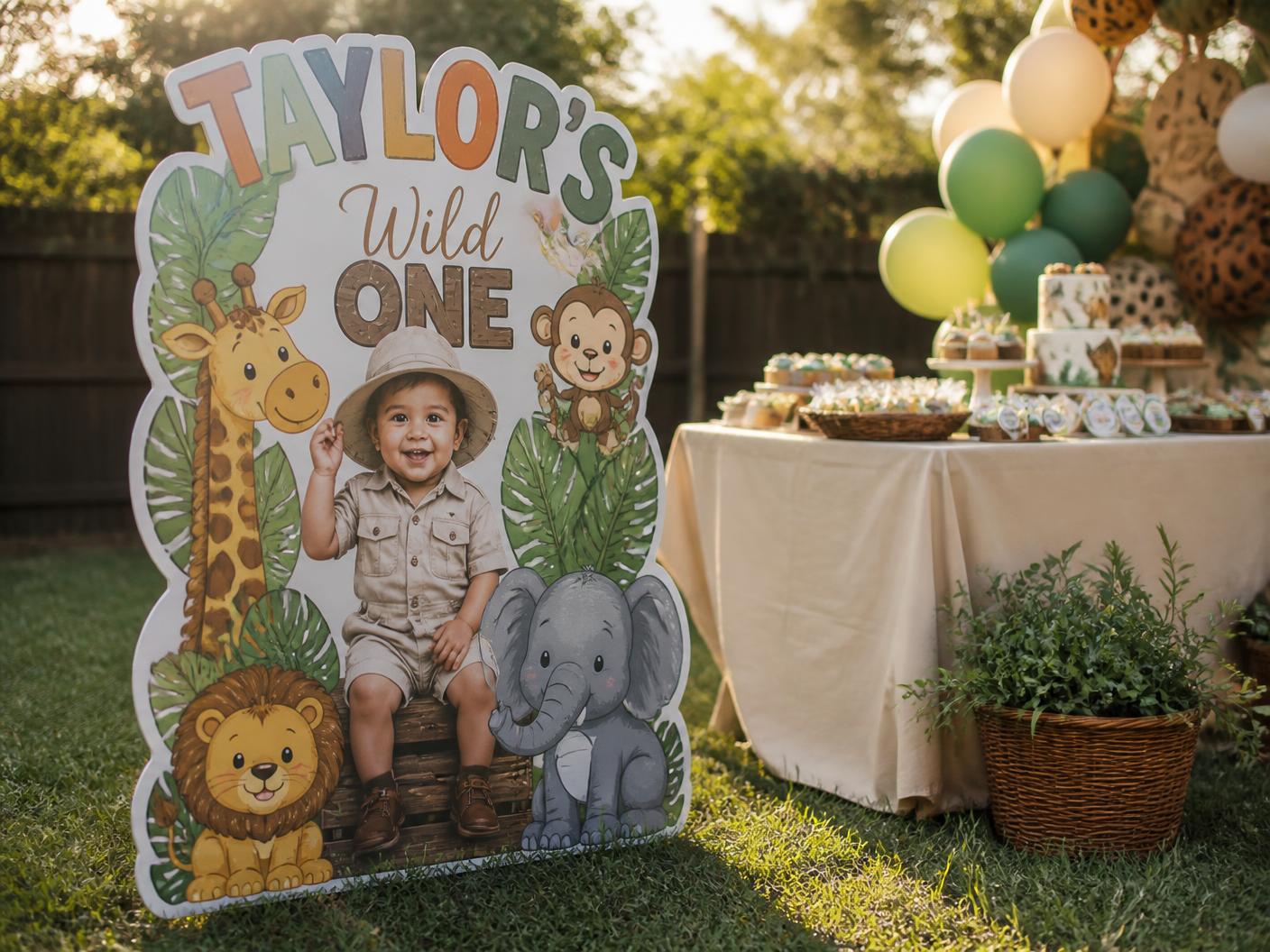 A custom PartyPop display standing beside a dessert table at a backyard birthday party